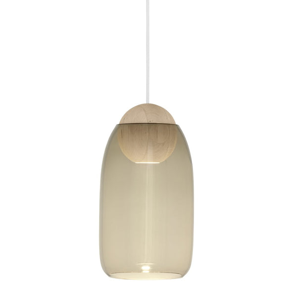 Sleek beige glass pendant light with a natural wood accent, minimalist design, perfect for modern decor.