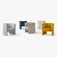 Set of modern accent chairs featuring soft gray, teal, beige, and vibrant yellow hues with a textured ribbed pattern.