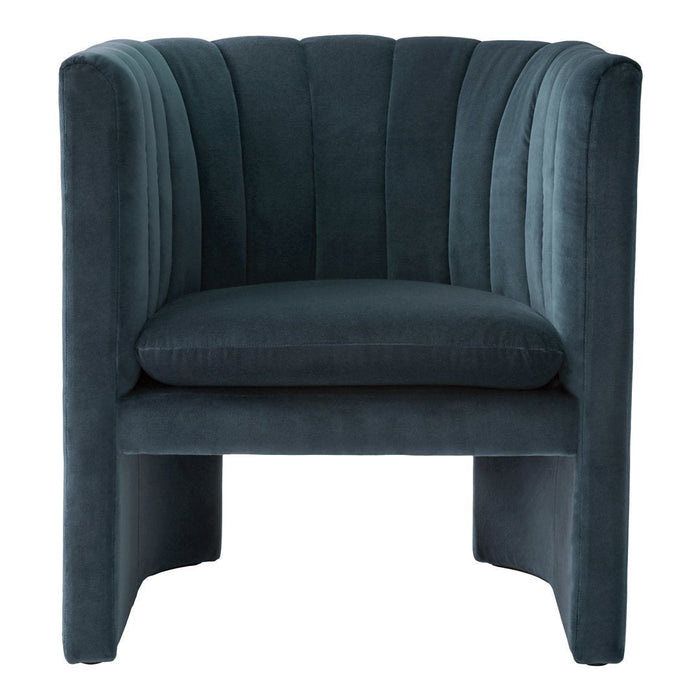 Plush teal velvet accent chair with vertical ribbed texture, modern design, and sleek silhouette. Perfect for contemporary decor.