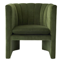 Green velvet armchair with ribbed pattern, featuring a modern, stylish design. Perfect for any contemporary space.