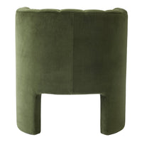 Olive green upholstered chair with a smooth, solid texture and rounded top. Perfect for modern decor.