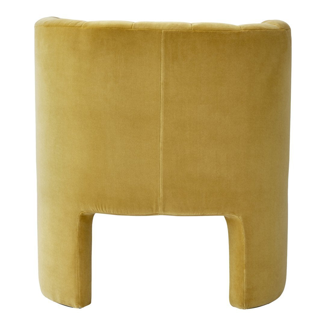 Velvet chair in a rich mustard yellow with a smooth, solid pattern and sleek, modern design.