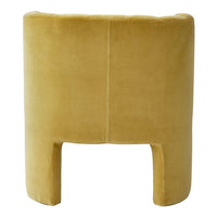 Velvet chair in a rich mustard yellow with a smooth, solid pattern and sleek, modern design.