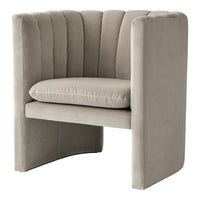 Beige upholstered accent chair with vertical ribbed design and plush seat cushion. Modern and stylish addition to any decor.