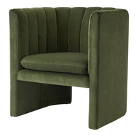 Olive green upholstered accent chair with vertical ribbed pattern for a modern touch. Perfect for stylish interiors.