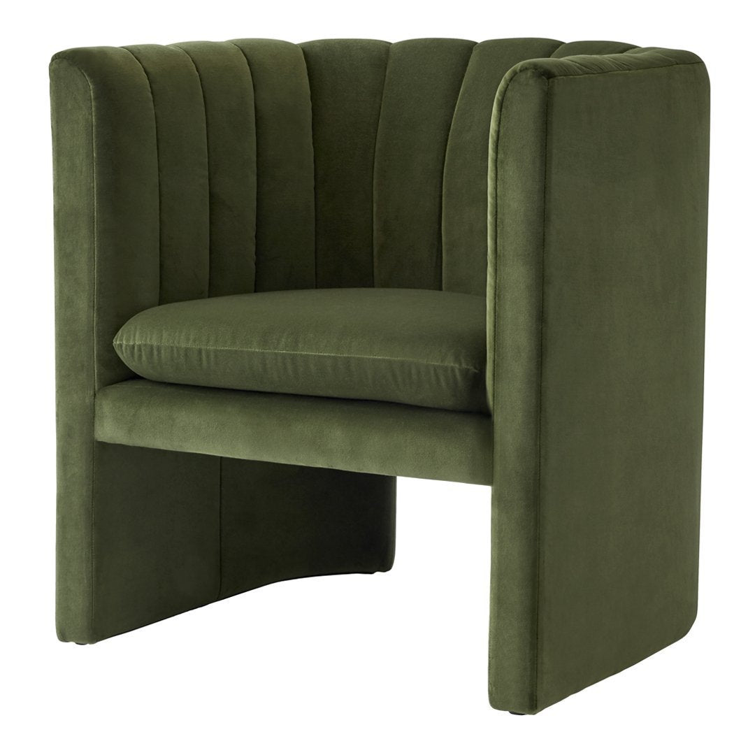 Olive green upholstered accent chair with vertical ribbed pattern for a modern touch. Perfect for stylish interiors.