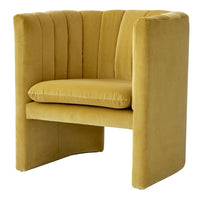 Velvet yellow chair with a ribbed pattern, featuring a modern design and plush cushioning for cozy seating.