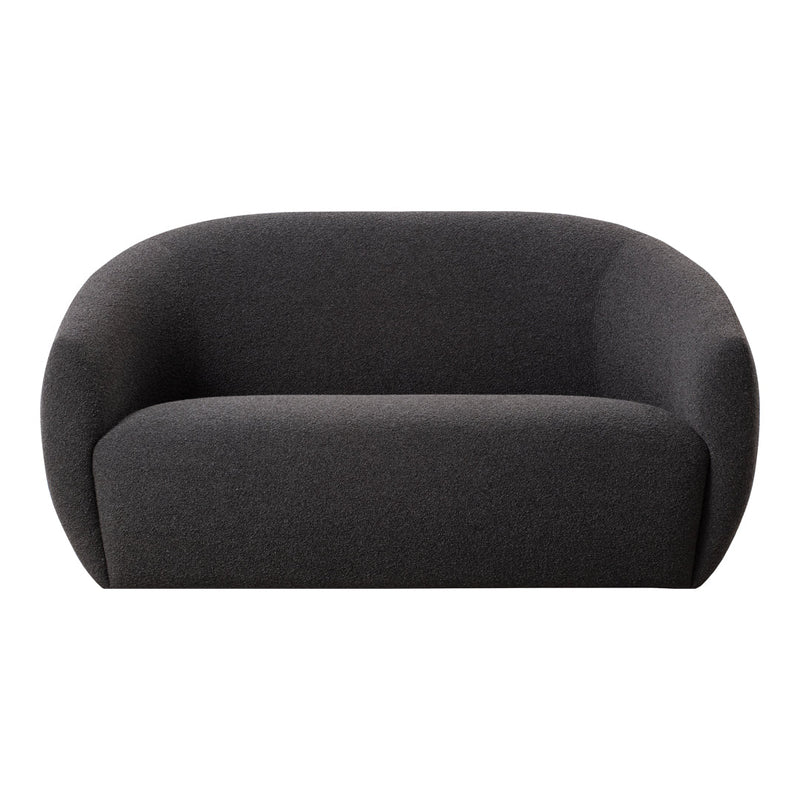 Stylish dark gray two-seater sofa with a smooth, rounded design and minimalist aesthetic. Perfect for modern interiors.