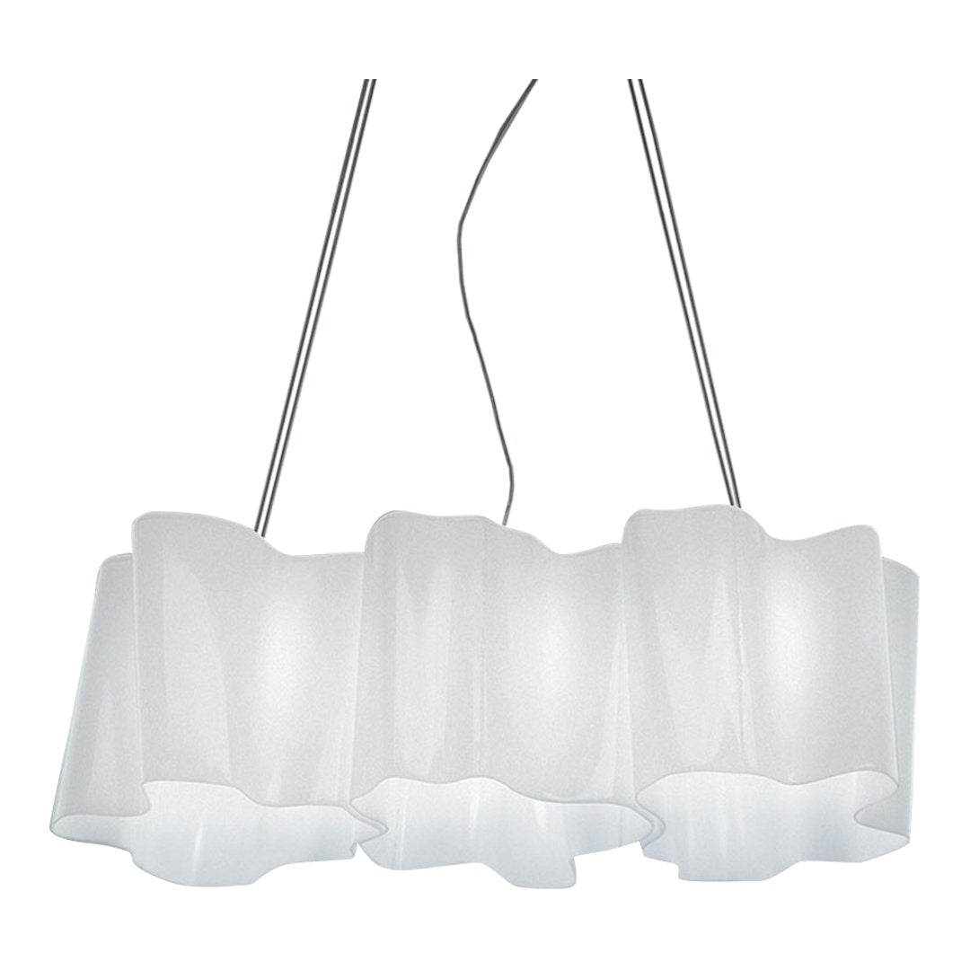 White ruffled pendant light with smooth, flowing design and sleek chrome accents. Elegant and modern home decor.