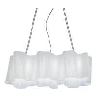 White ruffled pendant light with smooth, flowing design and sleek chrome accents. Elegant and modern home decor.