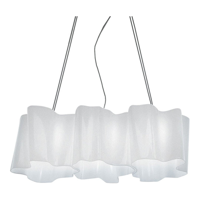 White ruffled pendant light with smooth, flowing design and sleek chrome accents. Elegant and modern home decor.