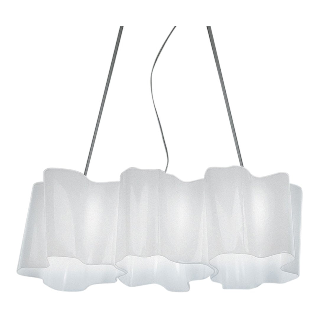 Sleek white pendant lamp with a flowing, wavy pattern, suspended by silver cables for a modern touch.