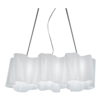 Sleek white pendant lamp with a flowing, wavy pattern, suspended by silver cables for a modern touch.
