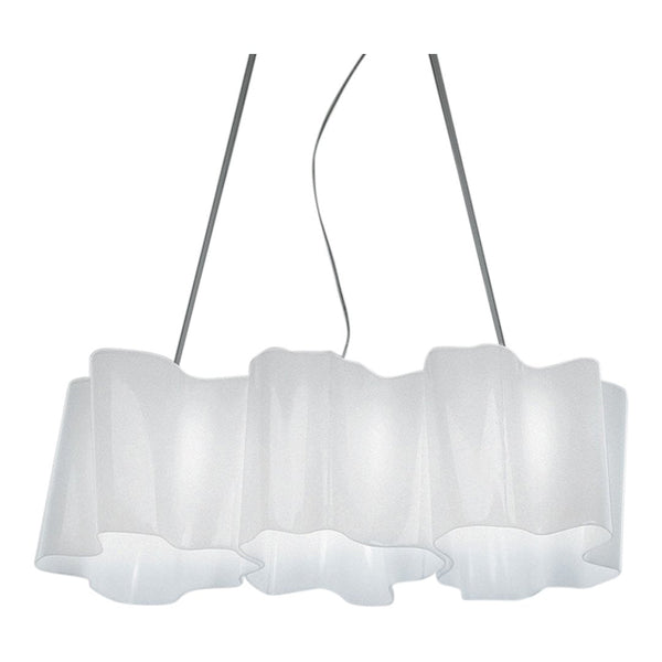 Sleek white pendant lamp with a flowing, wavy pattern, suspended by silver cables for a modern touch.