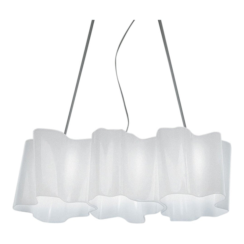 Sleek white pendant lamp with a flowing, wavy pattern, suspended by silver cables for a modern touch.