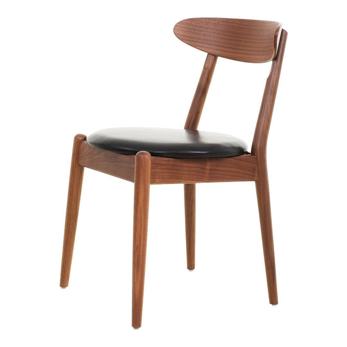 Mid-century wooden chair with a walnut finish and black leather seat, featuring smooth curves and clean lines.