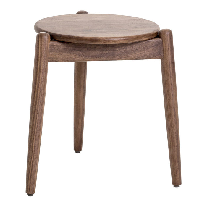 Round wooden stool in rich walnut finish, showcasing a smooth top and sleek, tapered legs.