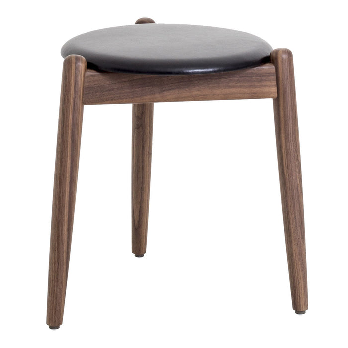 Black seat with a smooth finish and natural wood legs in a warm walnut tone. Minimalist design with no patterns.