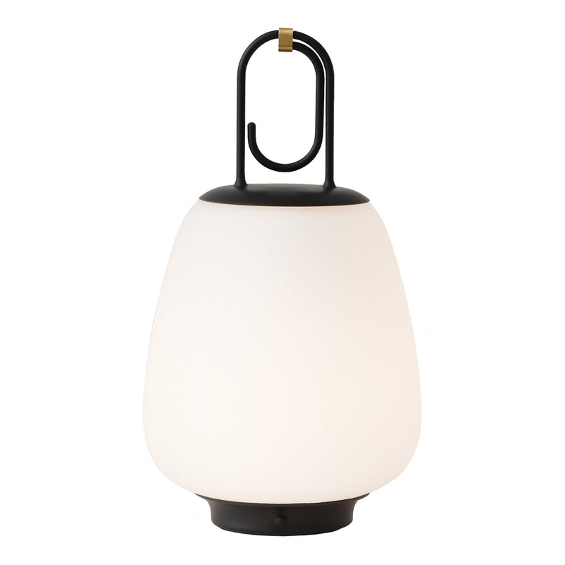 Elegant white lantern with a smooth, rounded shape and a sleek black handle. Perfect for ambient lighting.