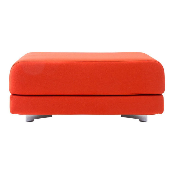 Bright orange rectangular ottoman with a smooth surface and sleek silver legs. Modern and stylish home decor accent.