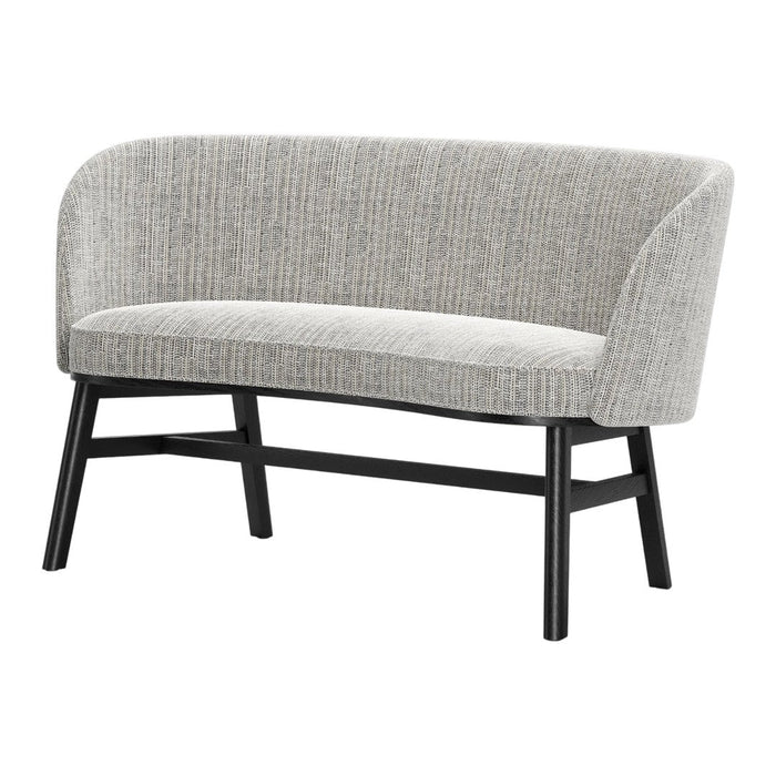 Stylish gray-patterned upholstery sofa with black wooden legs, featuring a modern, sleek design.
