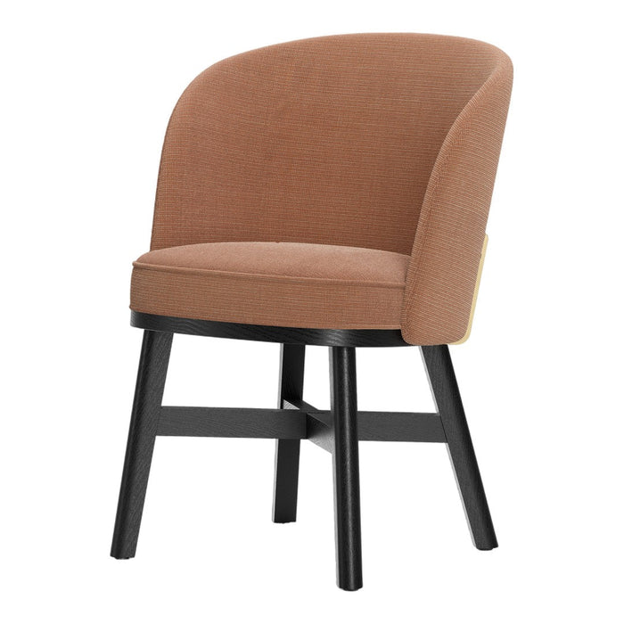 Modern chair with a textured brown fabric and sleek black wooden legs, perfect for contemporary decor.