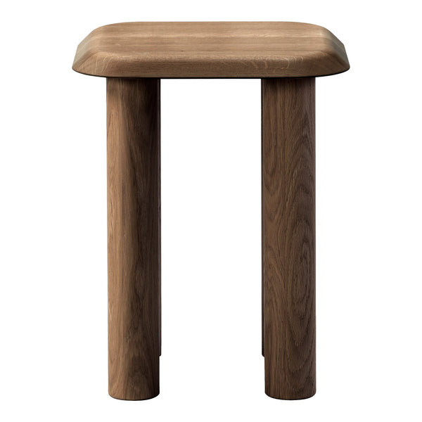 Wooden stool with a smooth, rounded top and cylindrical legs in rich, dark brown finish. Simple, modern design.