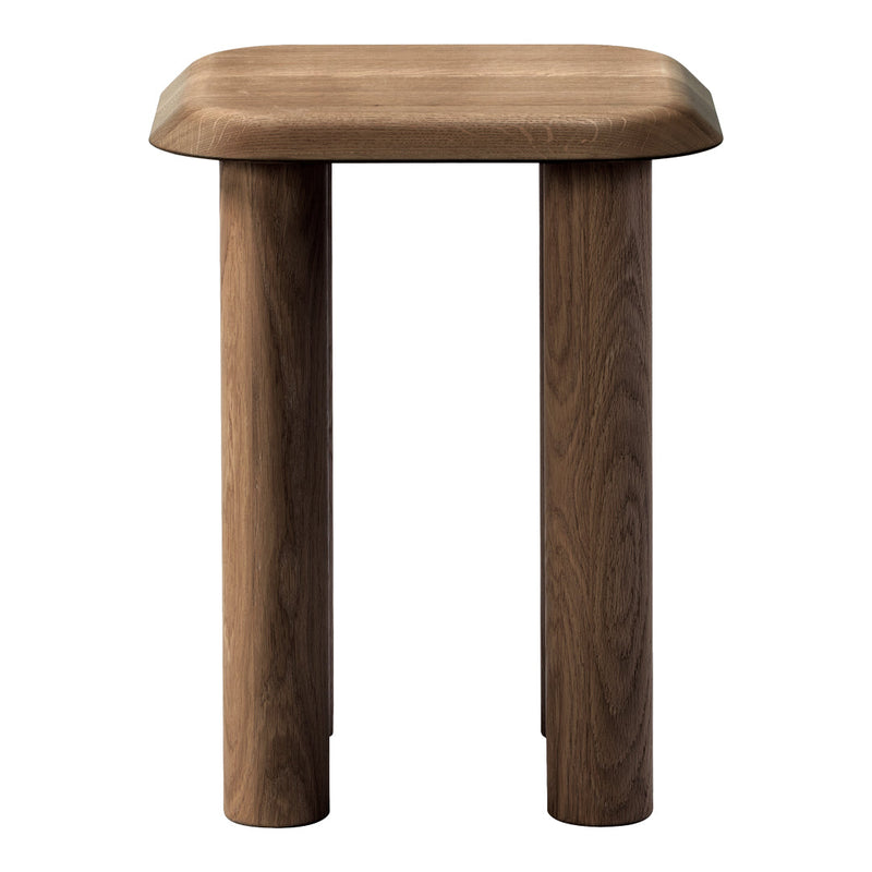 Wooden stool with a smooth, rounded top and cylindrical legs in rich, dark brown finish. Simple, modern design.