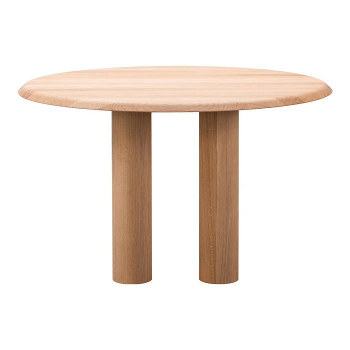 Round wooden table in natural oak finish with smooth texture and simple cylindrical legs. Ideal for modern decor.