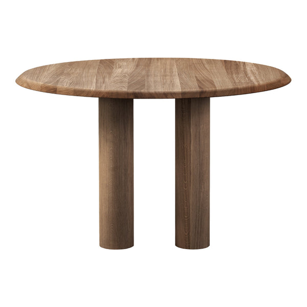 Round wood dining table in natural brown tones with a smooth, minimalist design and two cylindrical legs.