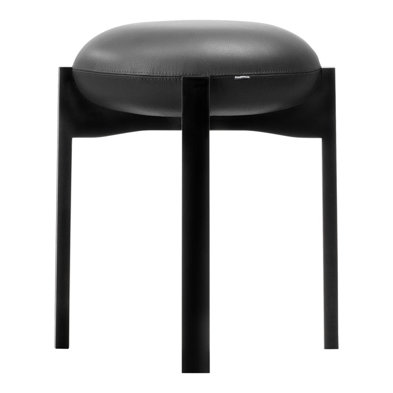 Black stool with a smooth, rounded gray seat, featuring a minimalist design and sleek lines. Perfect for modern decor.