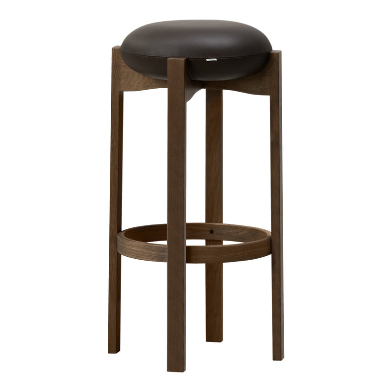Brown wooden bar stool with a sleek black cushion seat, minimalistic design, and clean lines.