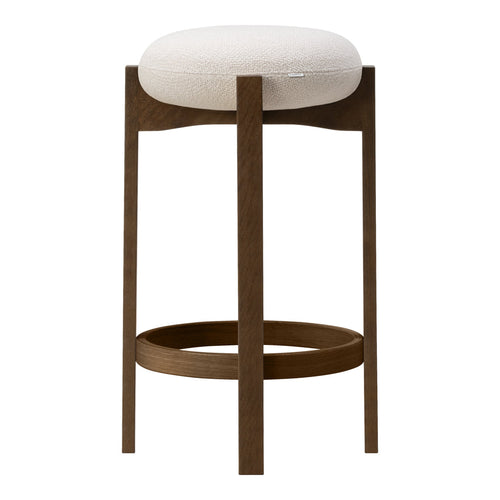 White upholstered seat with a soft texture on a dark brown wooden frame, minimalist design.