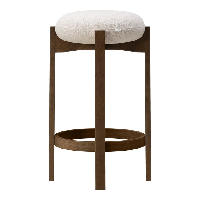 White upholstered seat with a soft texture on a dark brown wooden frame, minimalist design.