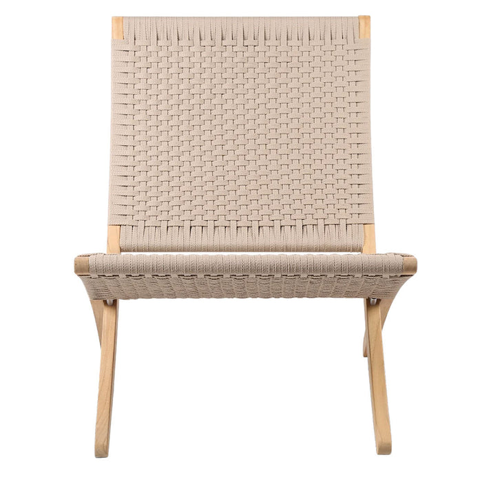 Beige woven chair with a textured pattern and light wooden legs, offering a minimalist design aesthetic.