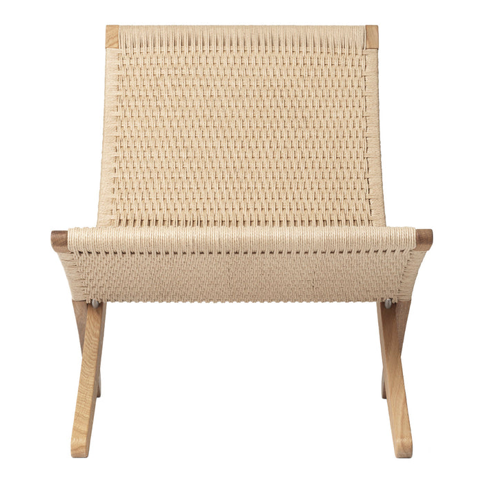 Natural woven texture in soft beige with wooden legs; minimalist, modern design perfect for any decor style.