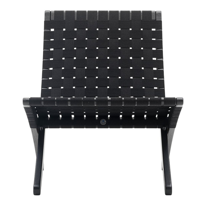 Black woven lounge chair with a grid pattern and sleek, modern design. Ideal for contemporary outdoor spaces.