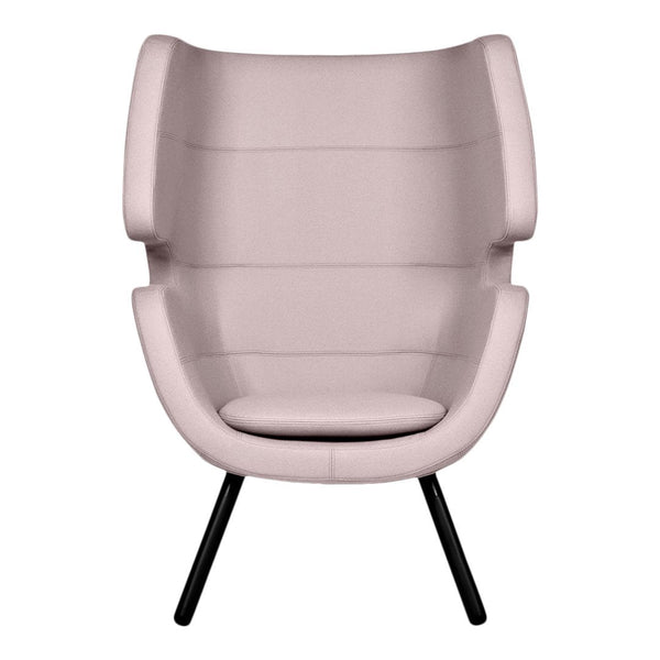 Soft pink upholstered chair with minimalistic design and smooth patterns, complemented by sleek black legs.