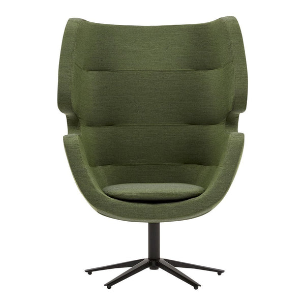 Green upholstered lounge chair with a curved design and subtle textured fabric. Modern black base.