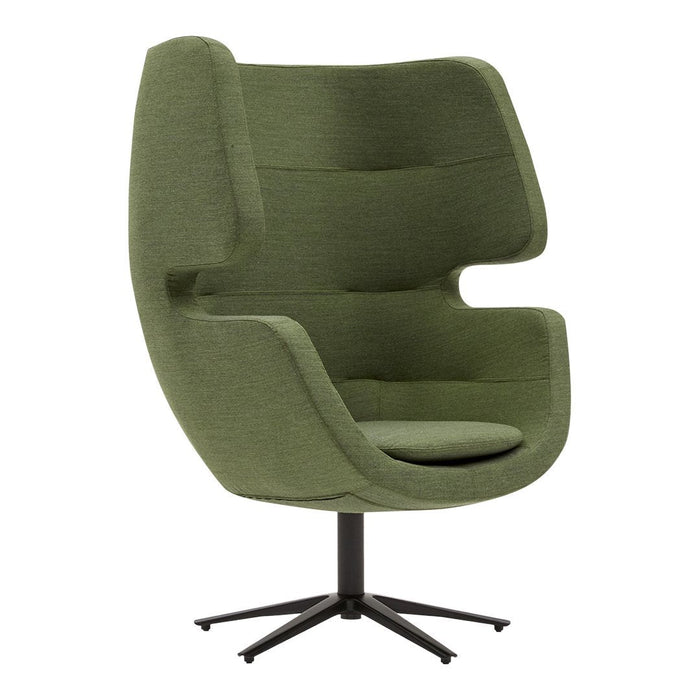 Green upholstered swivel chair with a modern design and smooth, curved lines. Perfect for contemporary decor.