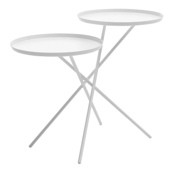 White minimalist side tables with circular trays and a sleek, modern cross-legged design.