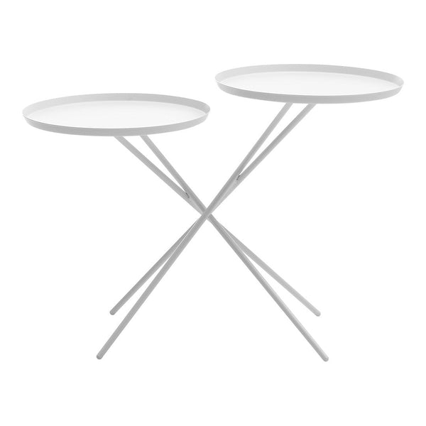 Set of two modern white accent tables with circular tops and sleek, crisscrossing legs. Ideal for minimalistic decor.