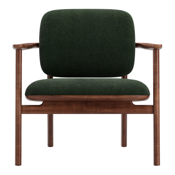 Green upholstered chair with a smooth walnut wood frame, featuring a simple, modern design. Perfect for stylish decor.