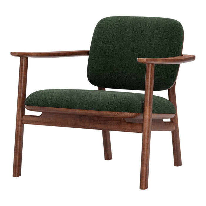Green upholstered chair with a smooth walnut frame, showcasing a modern and minimalist design.