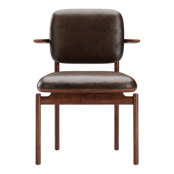 Brown leather chair with a sleek, modern design and walnut wood accents, creating a rich, warm aesthetic.