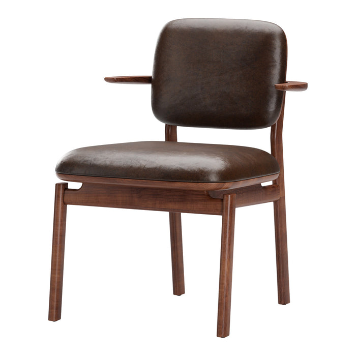 Brown upholstered chair with a sleek walnut wood frame and minimalist design, ideal for modern decor.