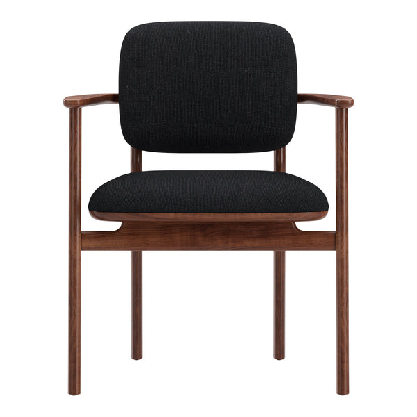 Black upholstered chair with a textured pattern, featuring a warm walnut wood frame. Elegant and modern design.