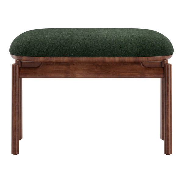 Green upholstered stool with a rounded top and rich walnut wood legs, featuring a simple, modern design.