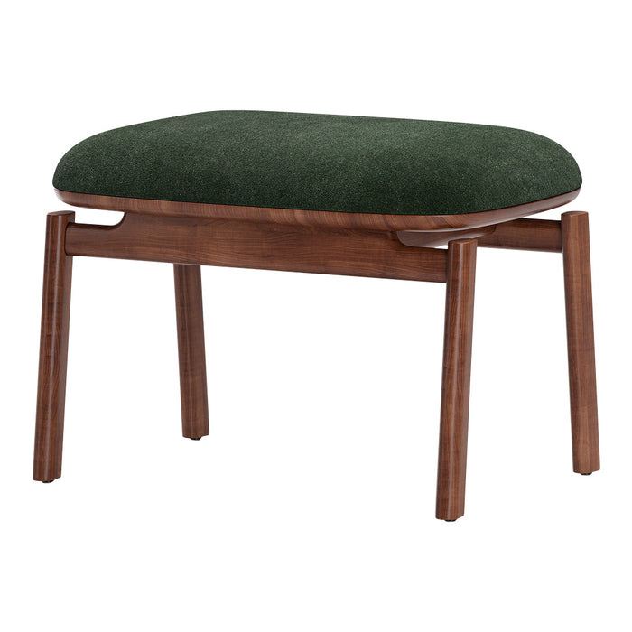 Green upholstered stool with a rich walnut frame, featuring a sleek, modern design.