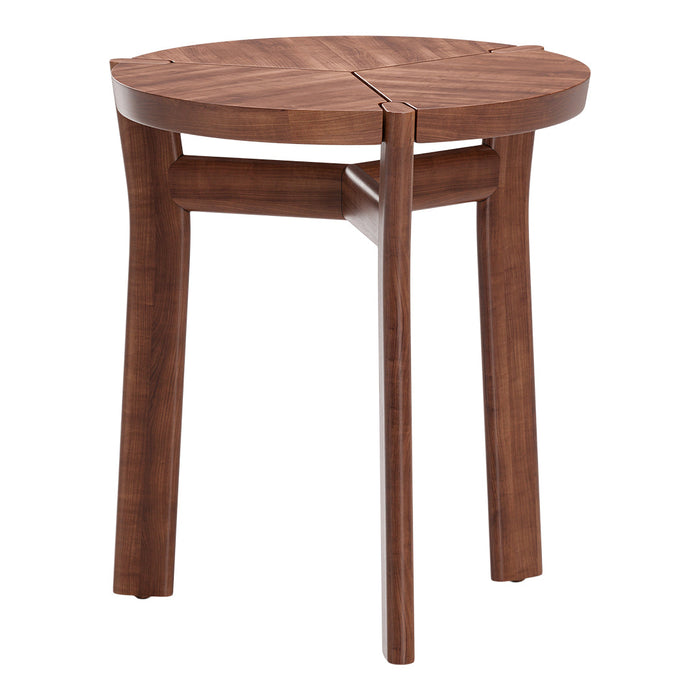 Round walnut side table with a sleek wood grain pattern and rich brown finish, enhancing any modern decor.
